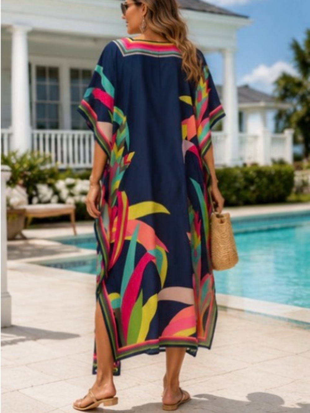 🏆 Trina Turk Style Tropical Caftan Kaftan Maxi Dress | Beach Cover Up - Picture 5 of 6
